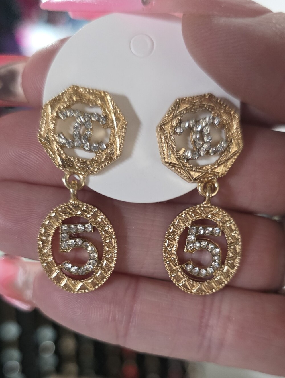 Gold-Tone Crystal Logo Drop Earrings - Designer Style